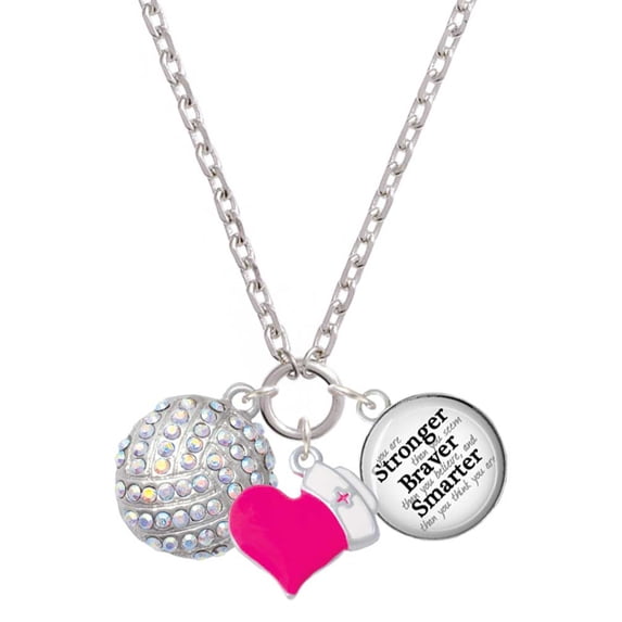 Delight Jewelry Silvertone Large Super Sparkle Crystal Clear AB Volleyball - Hot Pink Heart Nurse Strong Zoe Necklace