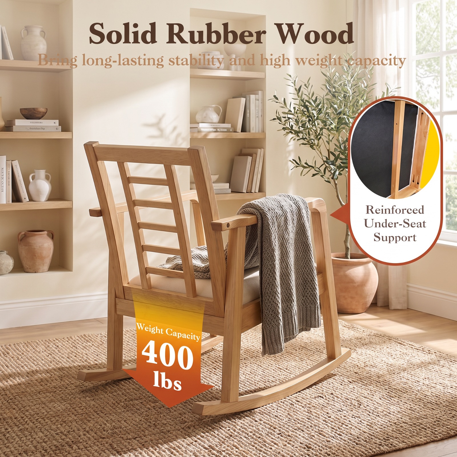 Biotree Wooden Rocking Chair with Upholstered Seat and Ladder Back for Living Room, Natural