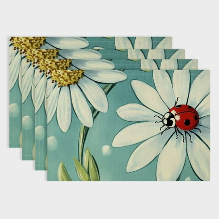 

Shiartex Ladybug Flower Leaves Linen Dining Table Placemats Set of 4 for Birthday Parties Christmas Restaurants Buffets - Home Decoration 18x12in