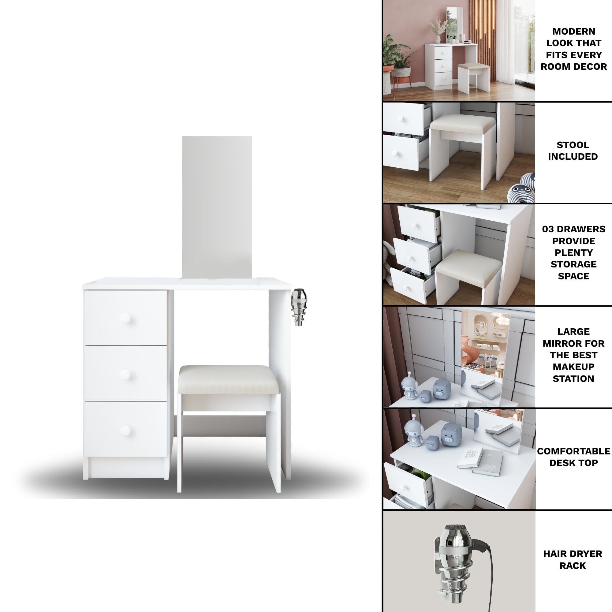 Ember Interiors Small Kids Vanity Makeup Desk Set with Chair, Mirror, Basic Knobs, White