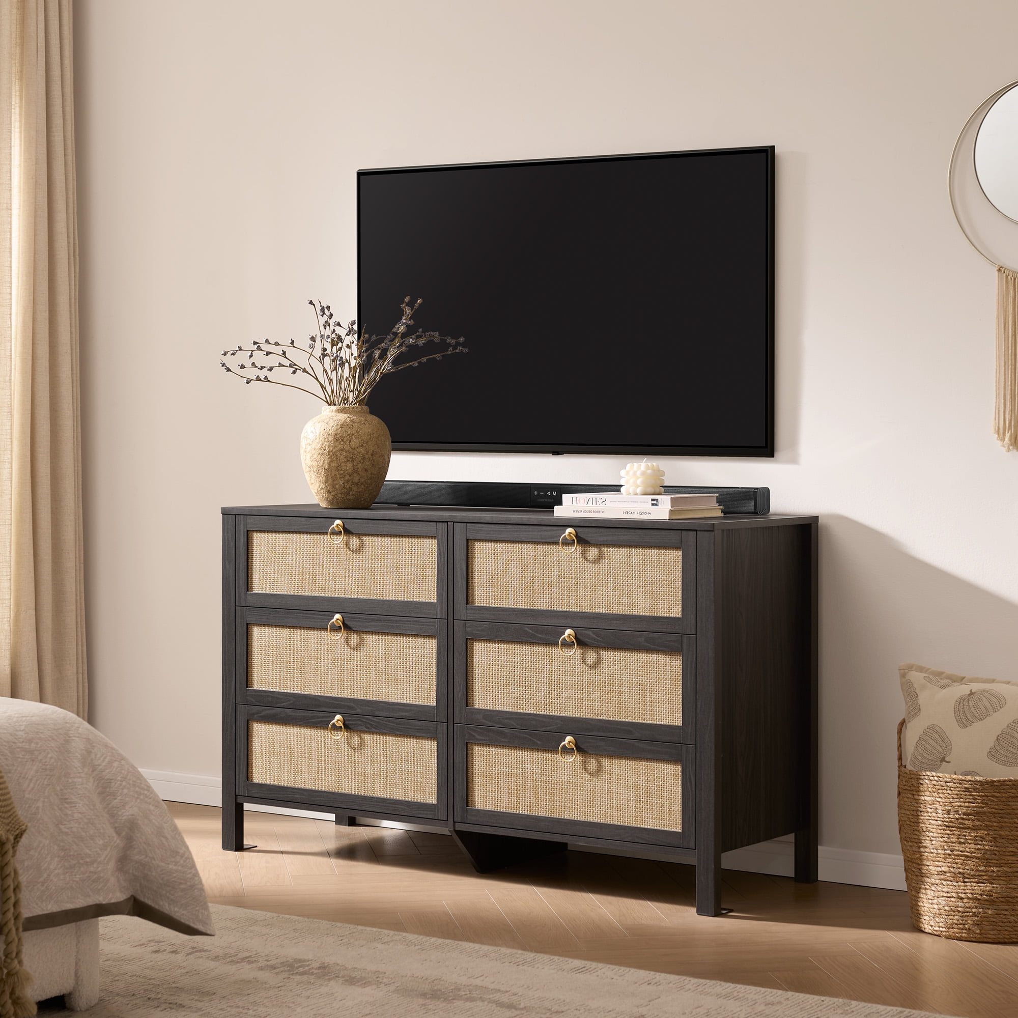 SICOTAS 51.14" Wide 6-Drawer Rattan Dresser, Large Boho Chest of Drawers with gold handle for Bedroom, Coastal Bedroom Furniture Set in Blacklack Oak