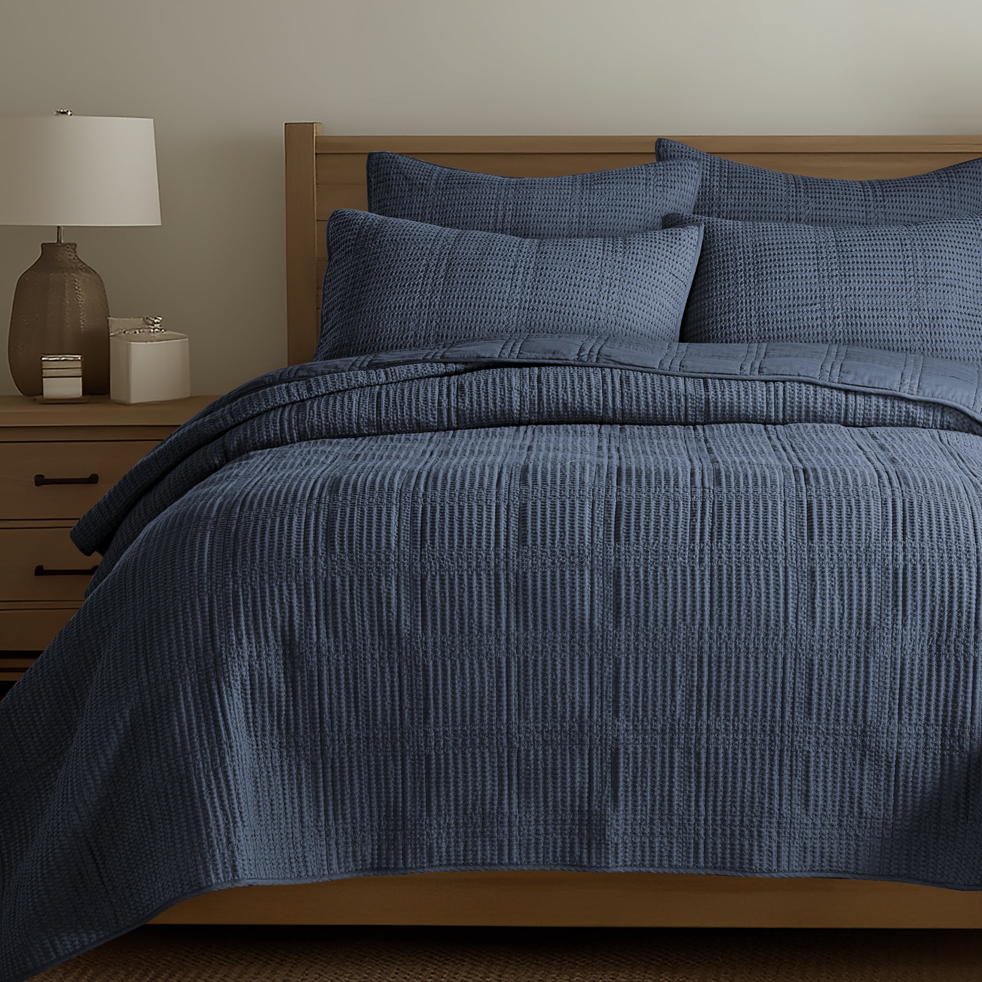 Levtex Home - Cloud Waffle Quilt Set - King Quilt and Two King Shams - Waffle Textured - Navy - Quilt (106x92in.) and Shams (20x36in.) - Reversible - Cotton