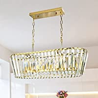 

Modern Gold Rectangle Chandelier for Dining Room Elegant Crystal Chandeliers with Stainless Steel Frame Contemporary Lights Fixture for Kitchen Island L31 x W13 x H9， E12x8.(Gold L31 )