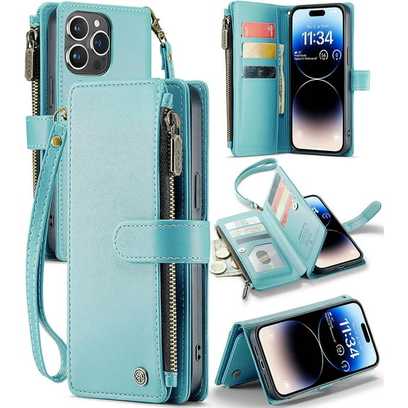 for iPhone 14 Pro Max Wallet Case, Phone Case for iPhone 14 Pro Max Case with Card Holder for Women Men, Durable Case for iPhone 14 Pro Max with Kickstand Strap Zipper, Blue