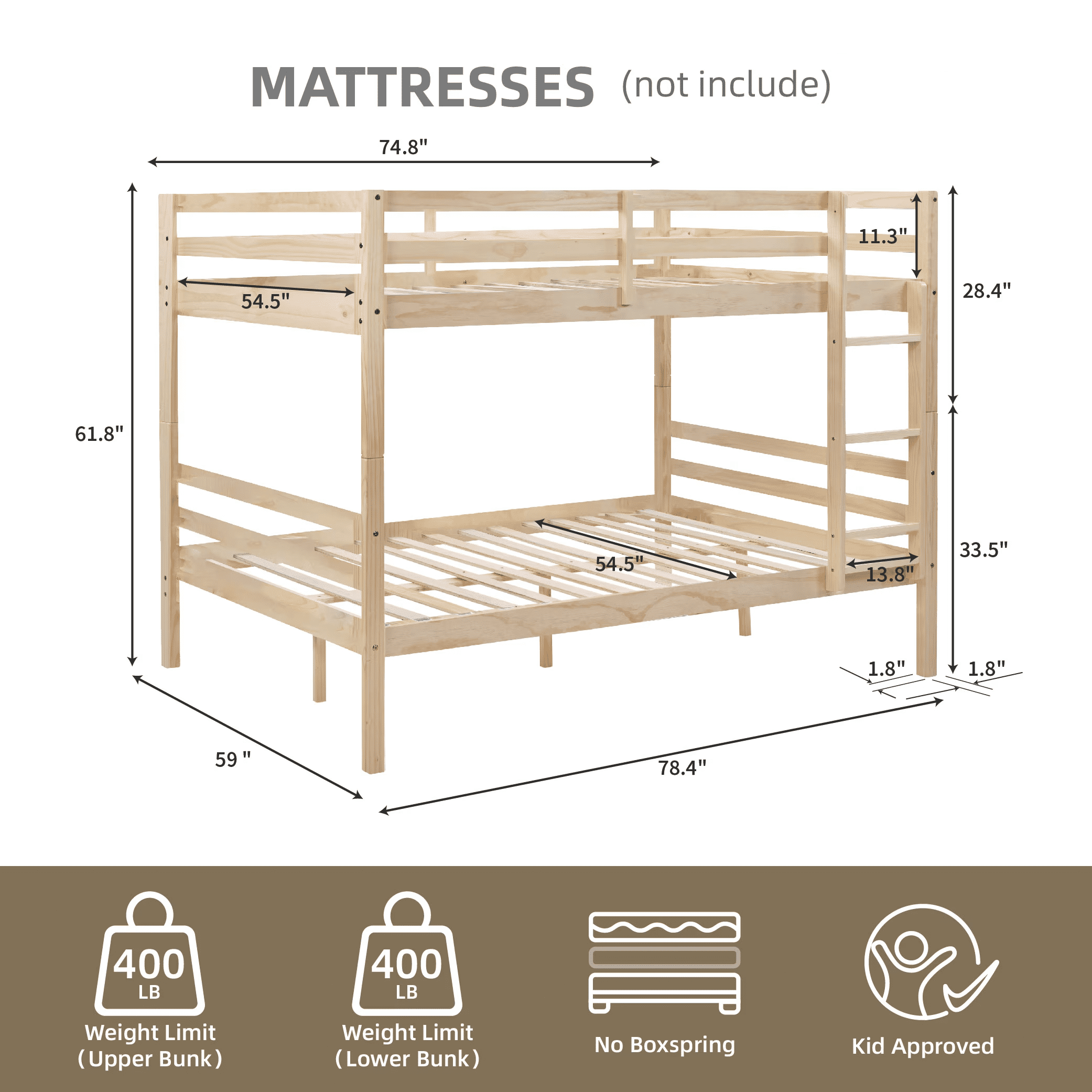 MAYEERTY Full over Full Bunk Bed with Ladder and High Guardrail, Solid Wood Bed Frame, Space-Saving for Kids Teens Dorm Rooms Guest Rooms, No Box Spring Needed