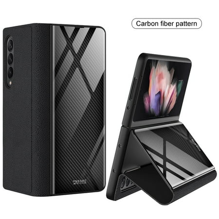 Galaxy Z Fold 3 5G Case, PU Leather Thin Slim Durable Shockproof Protective Kickstand Flip Phone Case Cover for Samsung Galaxy Z Fold 3 5G 2021,Carbon Fiber Pattern
