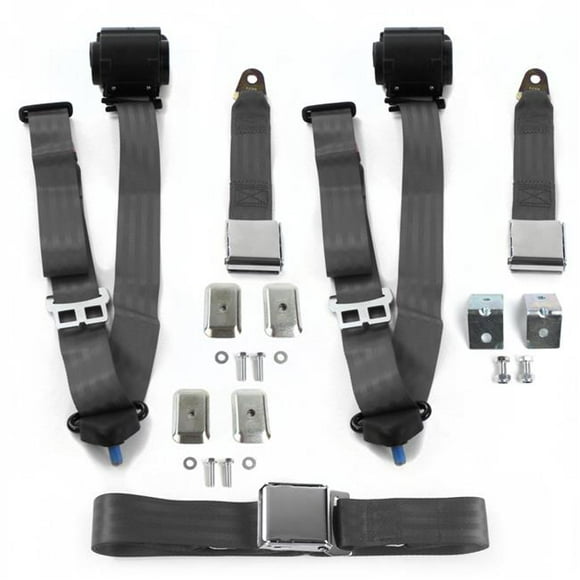Early Cars 1900-1927 Airplane 3 Point Charcoal Retractable Bench Seat Belt Kit with Bracketry - 3 Belts