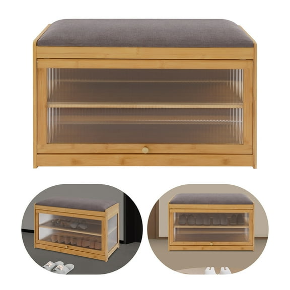 70cm Log Color Entryway Shoe Rack Bench with Cushion Shoe Rack Bench w/Storage Space for Entrances, Hallways, Bedroom