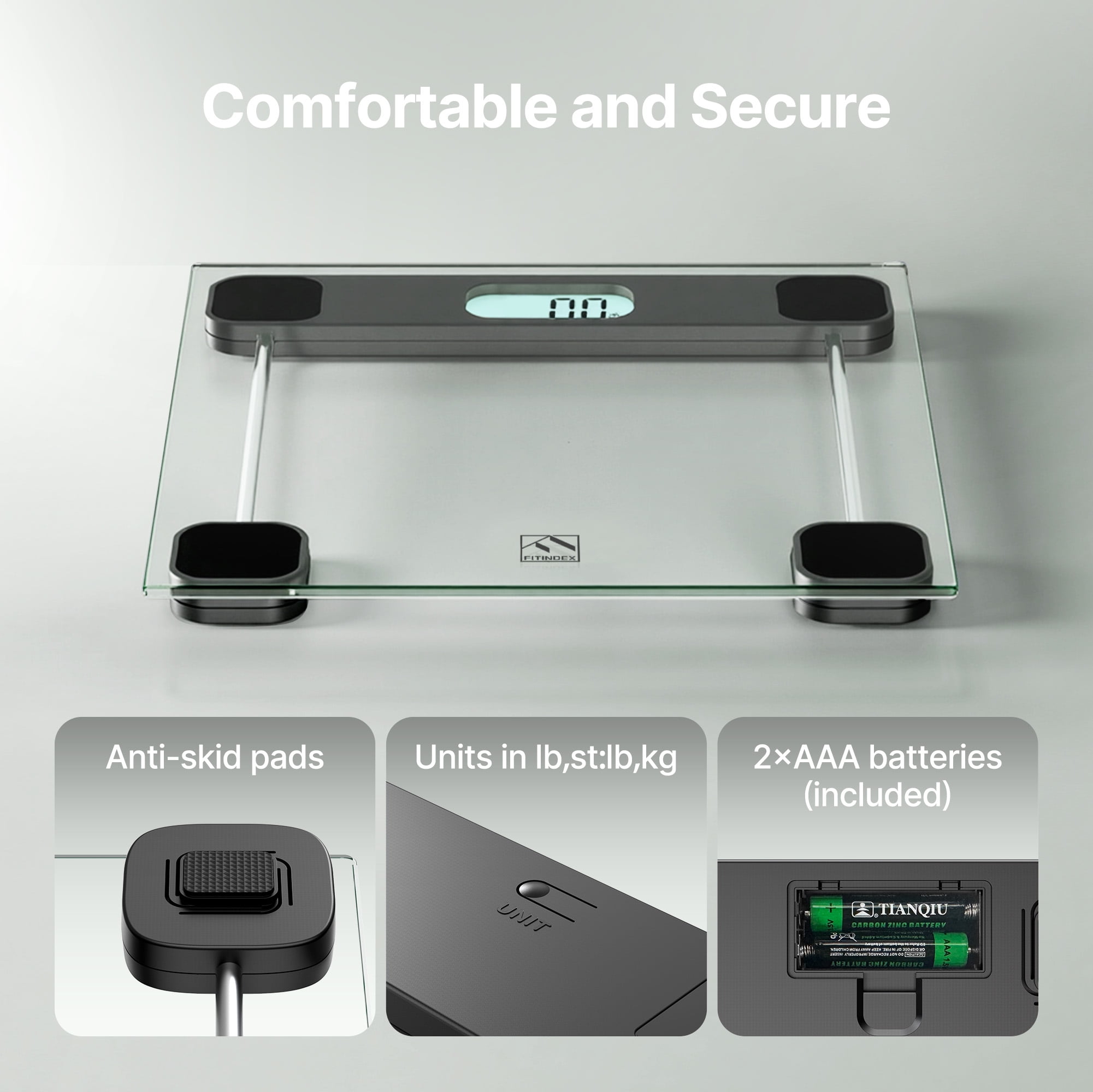 FITINDEX Scale for Body Weight, Highly Accurate Digital Weight Scale with LCD Display, Anti-Slip, Glass, 400 lb
