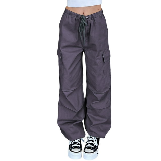 xiaxaixu Women Baggy Pants Solid Color Drawstring Waist Cargo Pants Multiple Pockets Jogger Pants
