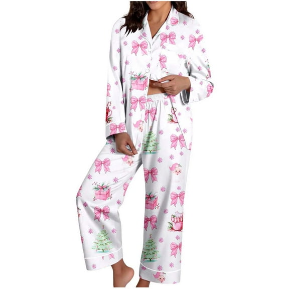 felwors Satin Christmas Pajamas Set for Women Santa 2 Piece Silk Pjs Set Long Sleeve Button Up Shirt Pants Lounge Sets White, L