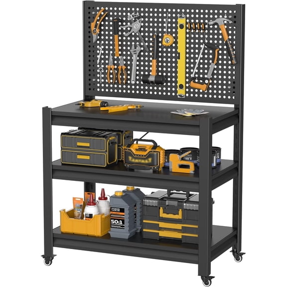 Work Bench with Pegboard,Heavy Duty Workbench with Wheels Adjustable Shelves,Tool Cart,Work Table for Garage Warehouse47.2 H*33.46" W*18" D