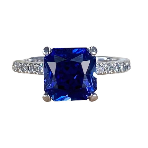 Sterling Silver Blue Sapphire Asscher Cut Ring For Women