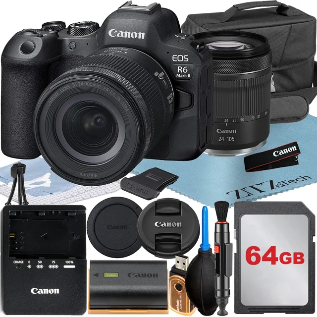 Canon EOS R6 Mark II Mirrorless Camera with RF 24-105mm Lens + 64GB Memory Card + Case + LED Flash + ZeeTech Accessory Bundle