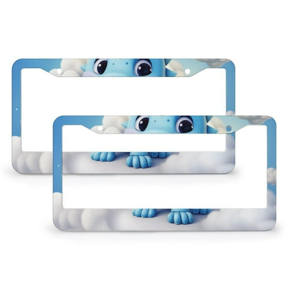 2 PCS Cute Dinosaur On A Cloud License Plate Frame Boys Dinosaur Auto Decorative Frames Cars Protector Cover Holder Stainless Aluminum 2 Hole for Men/Women