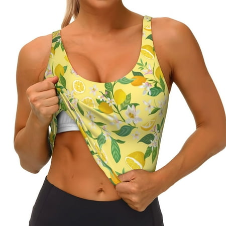 Qokaie Lemon (2) Pattern Womens Scoop Neck Sports Bra Breathable Workout Vest Padded U Back Medium Impact Fitness Gym Yoga Bra Workout Crop Top