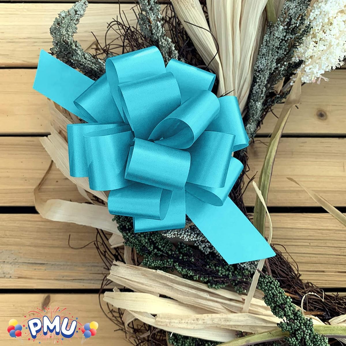 PMU Pull String Bows - Gift Bows for Wedding, Birthdays & Anniversaries - Ribbon Bows for Flowers & Basket Decoration - Large Bow for Gift Wrapping - 5 Inch 20 Loops Light Blue- (50/pkg) Pkg/1