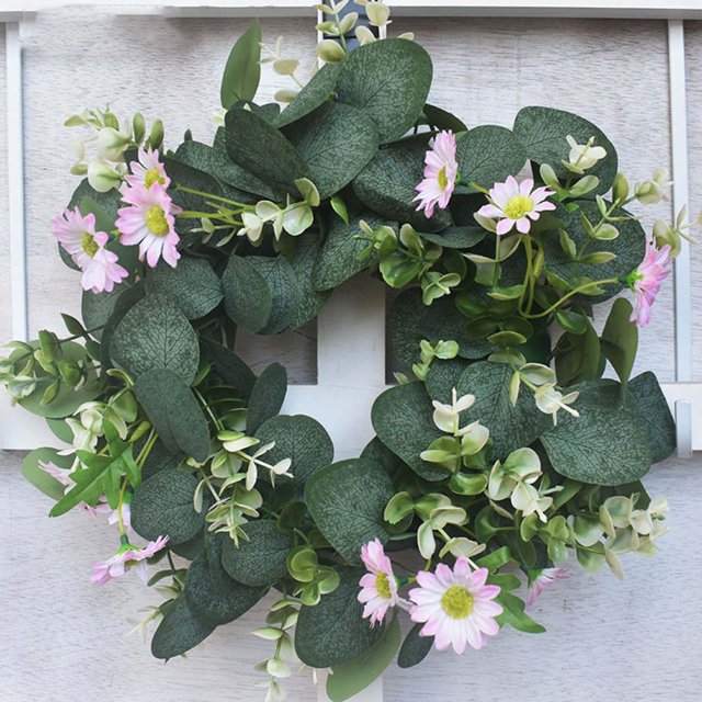 de de eucalitto de 12 ", gran vegetación , hojas rústicas, pequeñas flores de Margarita para puerta, regalos de rosa Soledad Corona de eucalipto