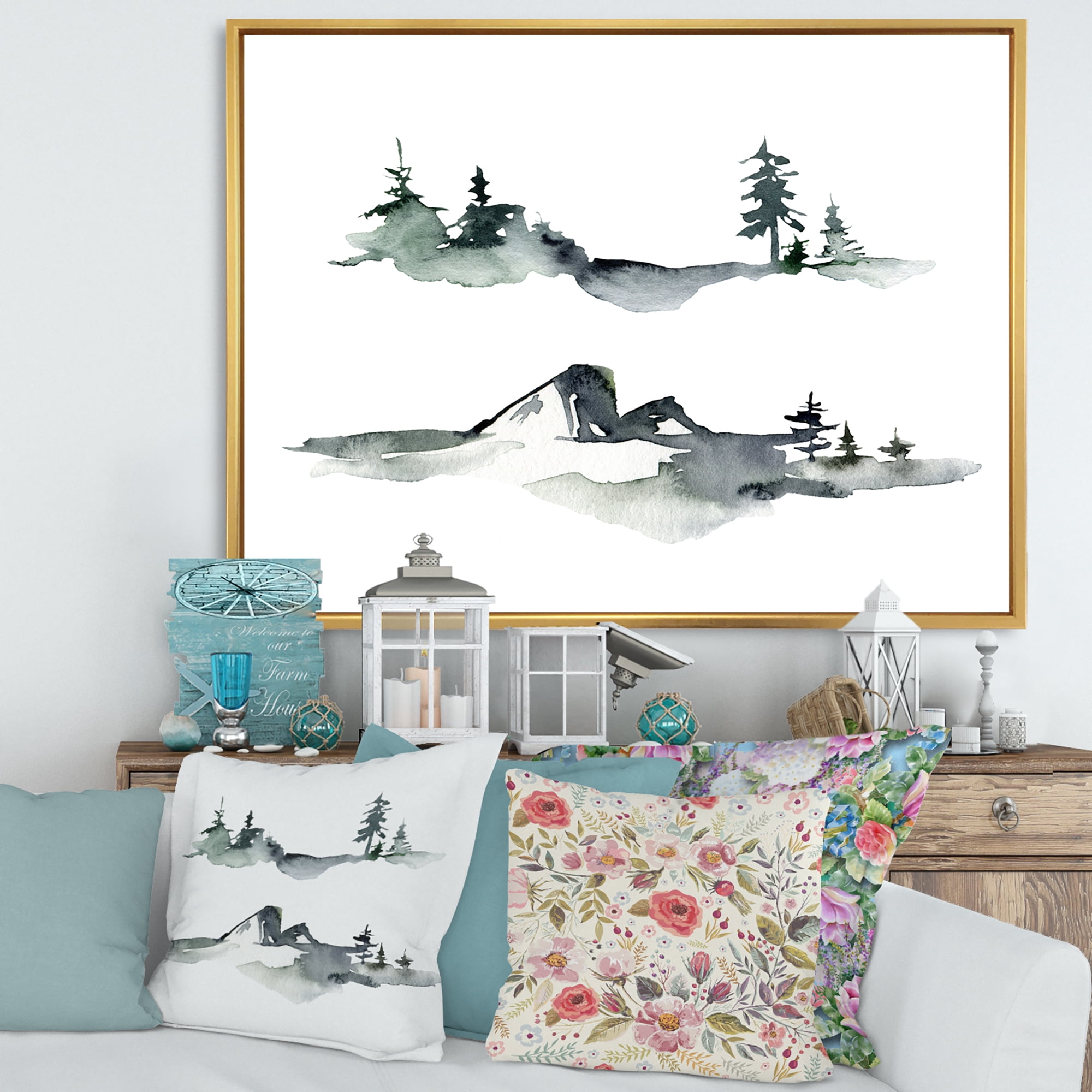 Designart 'Trees With Winter Dark Blue Mountain Landscape I' Modern Framed Canvas Wall Art Print