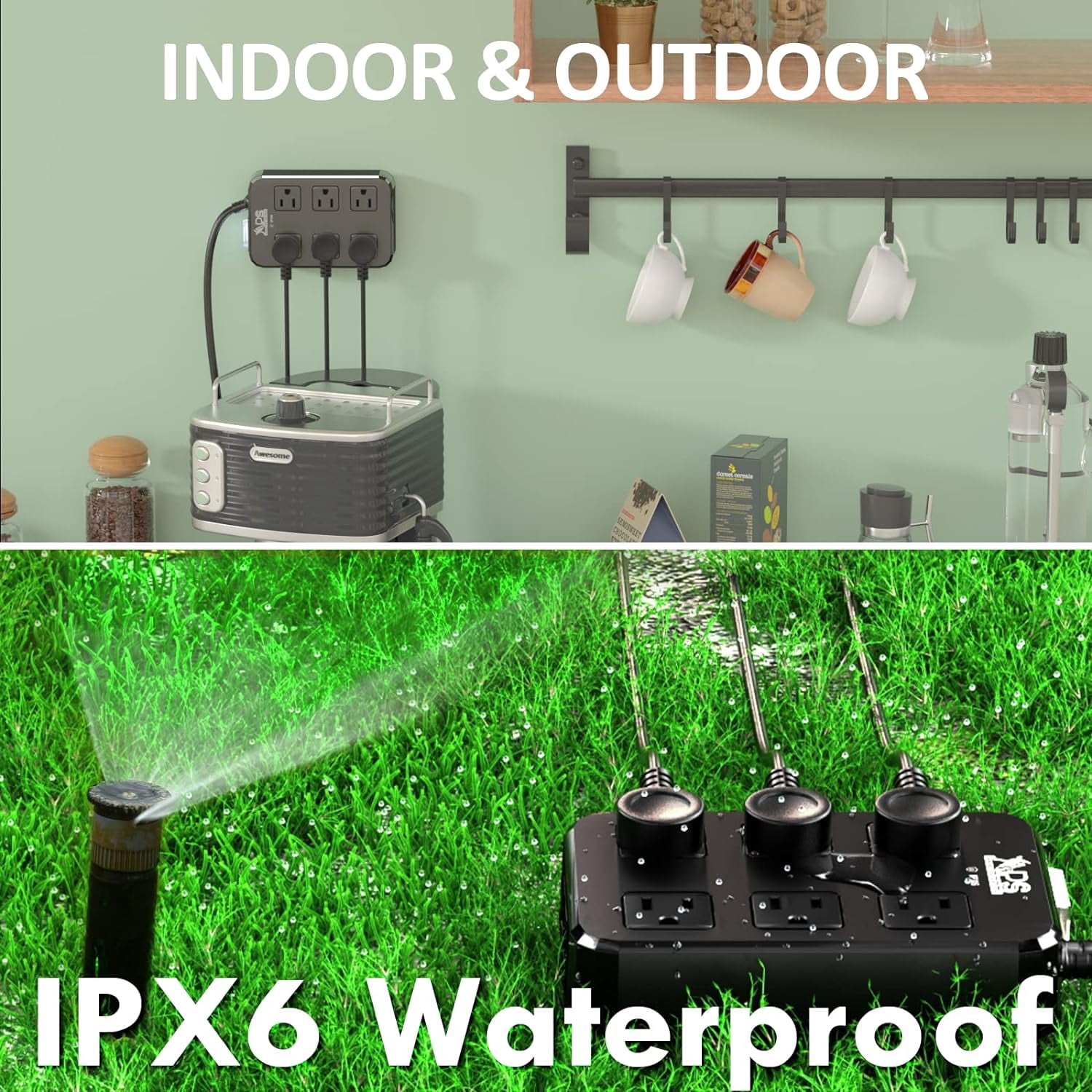 IPX6 Outdoor Power Strip Weatherproof, Waterproof Surge Protector with 6 Wide Outlet(6FT),all Mountable for Outside Decorations and More ETL Listed(Black)