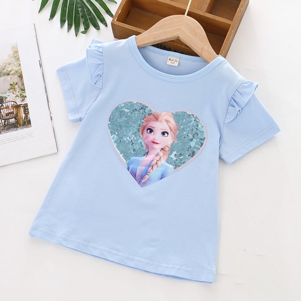 T-Shirts la reine des neiges Elsa Anna, hauts à paillettes pour enfants, T-Shirts à manches courtes, Costume de dessin animé, vêtements à la mode pour filles