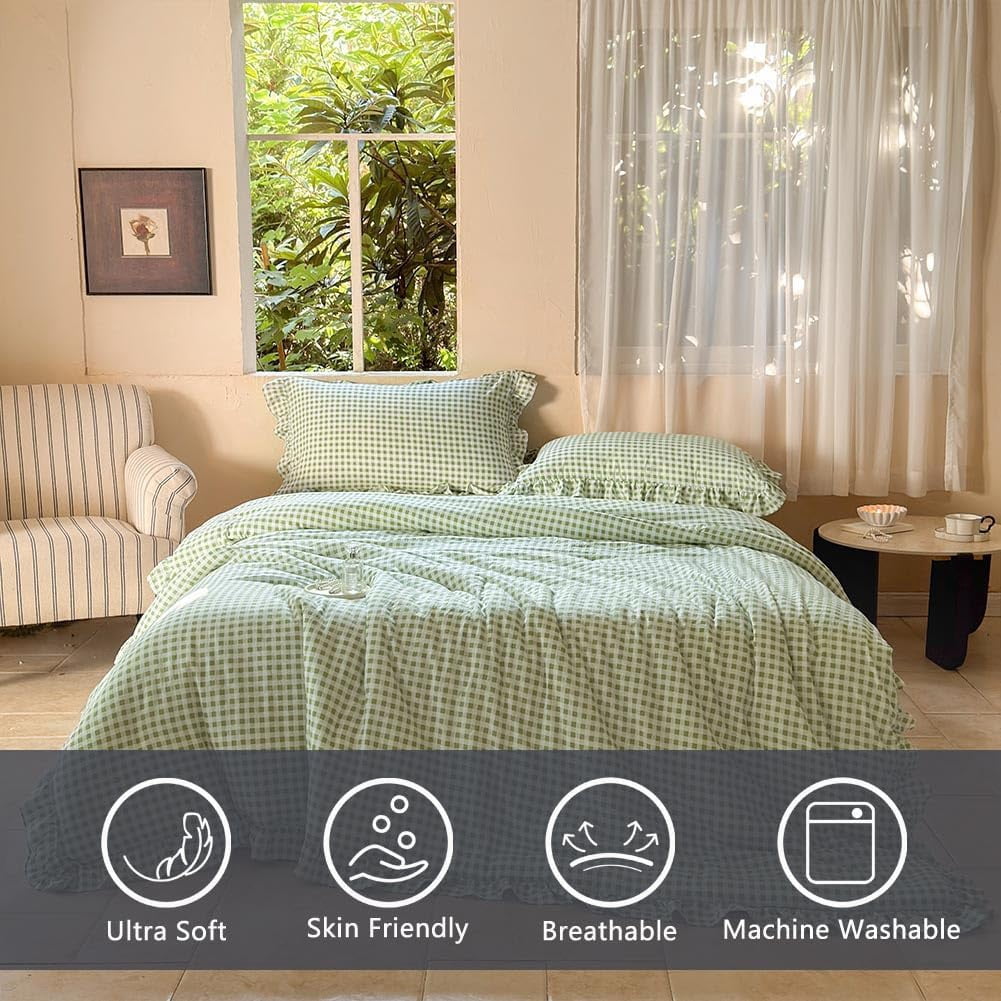 Sage Green Gingham Ruffle Queen Comforter Set, Green Ruffled Plaid Bedding Set, Ruffled Checked Bed Comforter 3 Pieces(Sage Green Gingham, Queen)