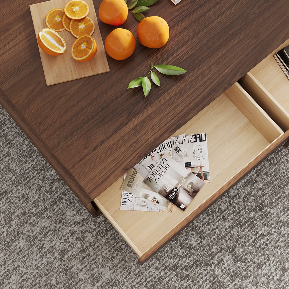 POVISON Modern Rectangular Coffee Table, Wood Coffee Table with Storage, 4 Solid Wood Drawers, Fully-Assembled, 51.18", Walnut