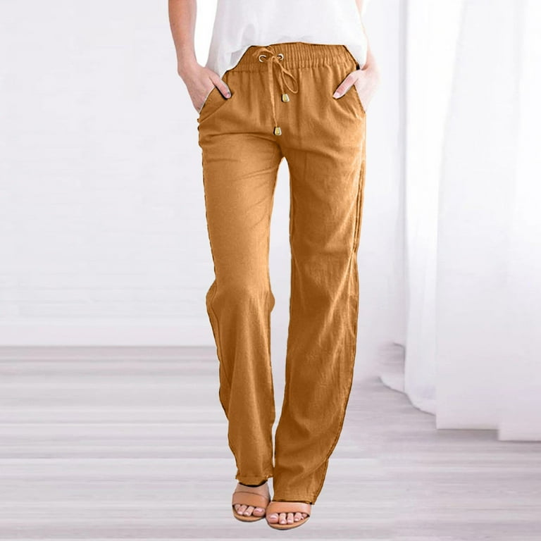 Women's Cotton Linen Pants Elastic Waist Straight Leg Pants