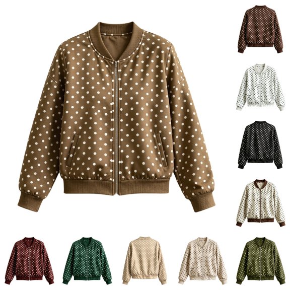 Xijirk Women Polka Dot Bomber Jacket Zip Up Long Sleeve Ribbed Trim Coat for Spring Fall Daily Wear