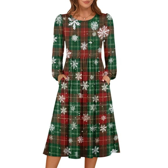 Women's Christmas Printed Fashionable Loose Round-Neck Dress for Casual Comfort and Holiday Festivities with Vintage Print,Earthy Yellow,2XL