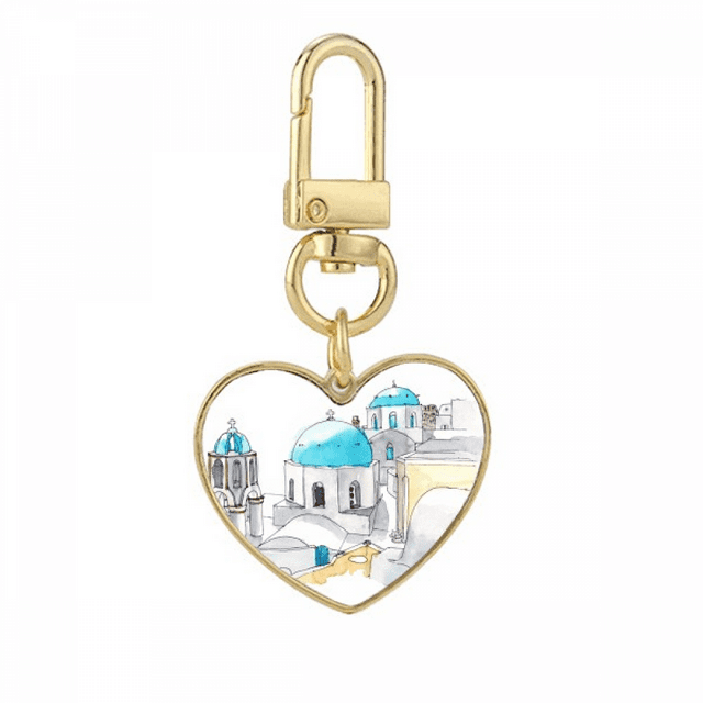 Imerovigli Village in Santorini Greece Gold Heart Keychain Metal Keyring Holder