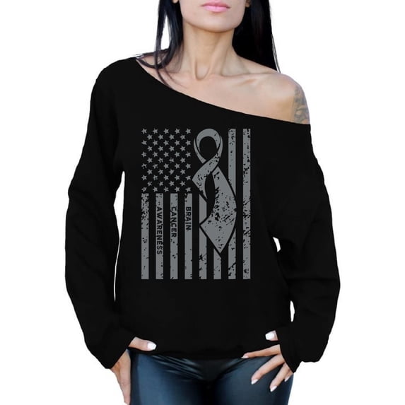 Awkward Styles Women's Brain Cancer Awareness Graphic Off Shoulder Tops Oversized Sweatshirt Gray Ribbon