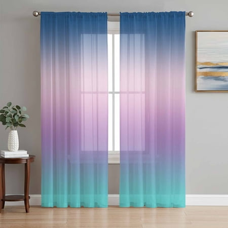 Blue Purple Teal Ombre Cream Semi Sheer Window Curtains 63 Inches Long Modern Abstract Art Aesthetics Rod Pocket Voile Silky Chiffon Curtain Light Filtering Drapes for Living Room 52 x63 2 Panels