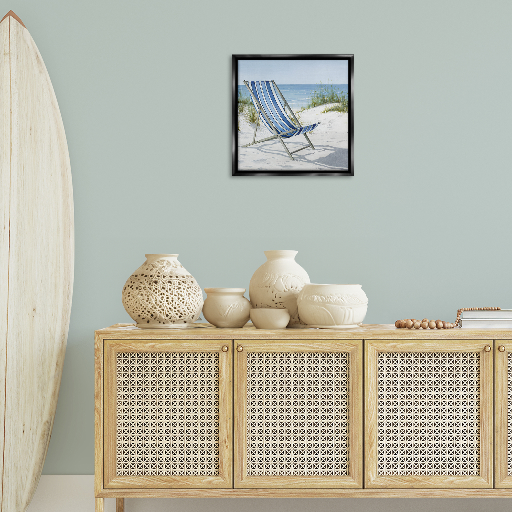 Stupell Industries Tranquil Beach Chair Landscape Painting Black Floater Framed Canvas Art Print Wall Art, 18 x 18