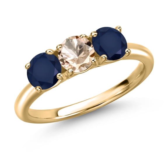Gem Stone King 10K Yellow Gold Peach Morganite and Blue Sapphire Engagement Ring for Women | 1.60 Cttw | Round 5MM | Gemstone October Birthstone | Size 5