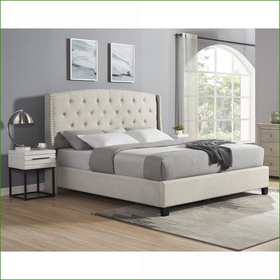 Bedroom Furniture Set 3-Piece King/Queen Tufted Wingback Bed with 2 Gray Nightstands | Wingback Beds | Engineered Wood