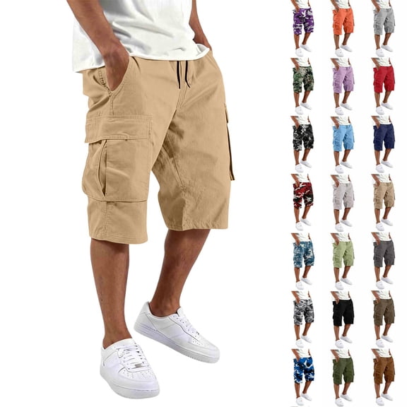 Athletic Cargo Shorts Mens Cotton Twill Drawstring Casual Classic Chino Stretch Short with Pockets Khaki S