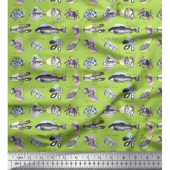 Soimoi Green Rayon Fabric Text & Sea Food Kitchen Print Sewing Fabric Yard 56 Inch Wide