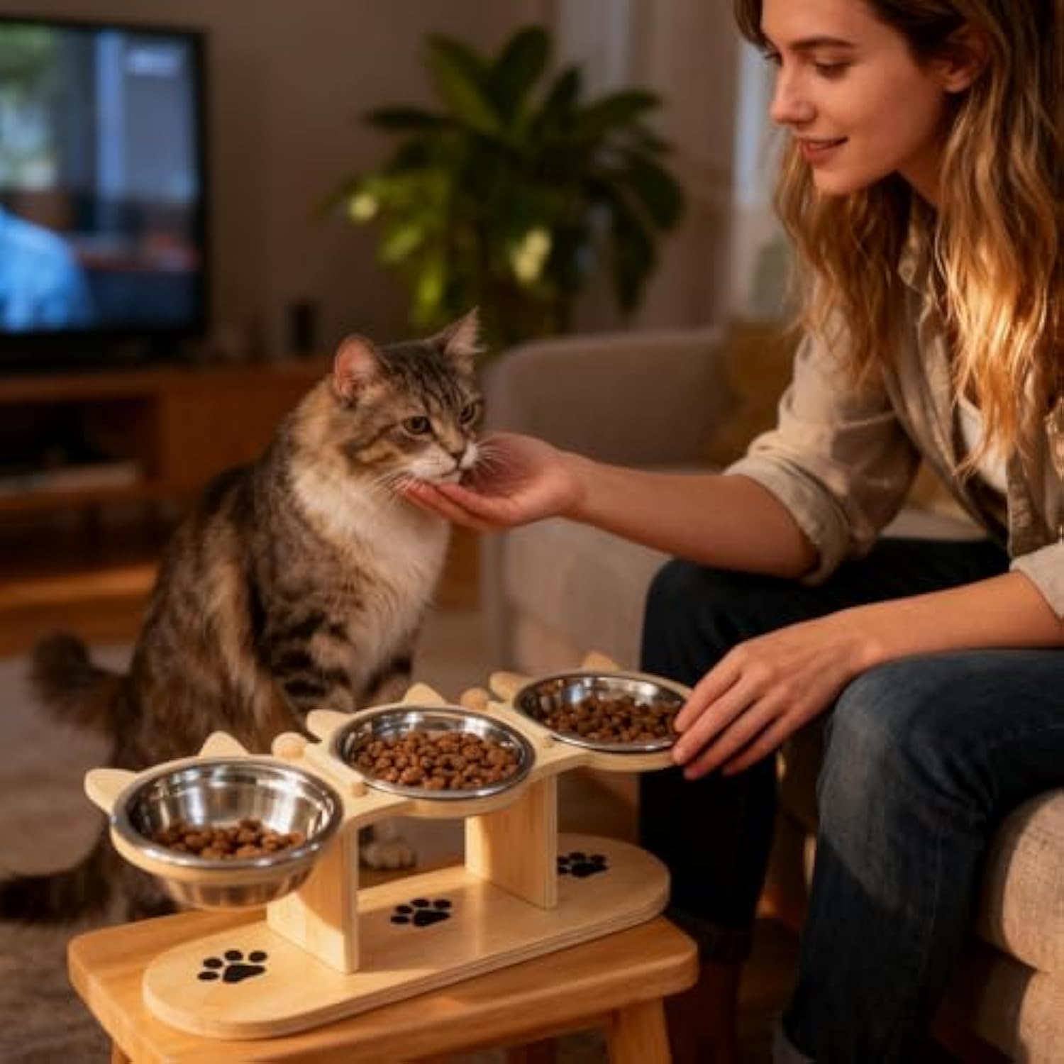 Cat Feeder - Wooden Stand with Tilted Bowls, Non-Slip Stable Design, Convenient Hydration Feature with Removable Ceramic Dishes, Pet Feeding Station for Promoting Healthy Eating Habits