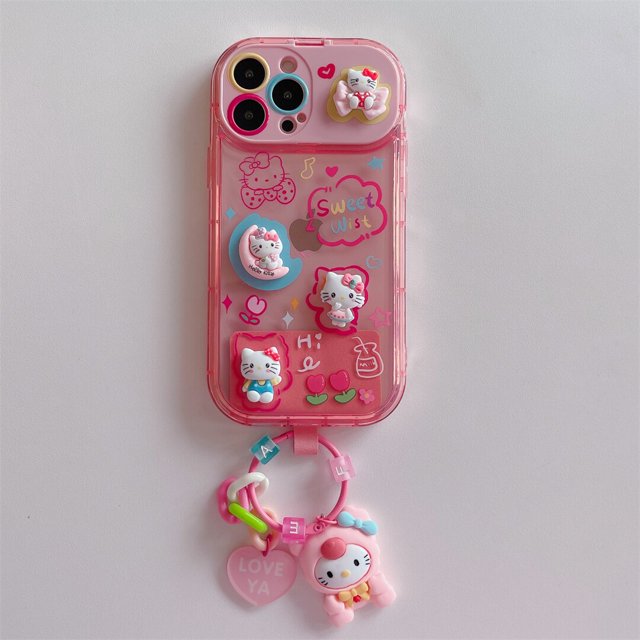 Sanrio-adorno 3D de Hello Kitty con soporte para espejo de maquillaje, llavero, funda de teléfono para Iphone 11, 12, 13, 14 Pro plus, Xs Max, Xr Fivean unisex