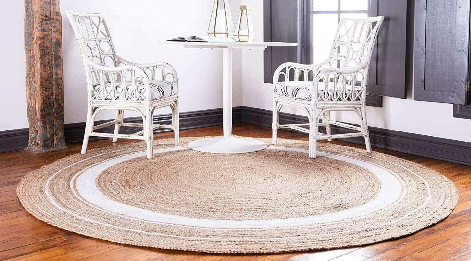 Natural Jute Rug Hand Braided Round Area Rug Handmade Rug for Home Decor (3 Feet Round (36x36 Inches), Beige + WhiteLine)
