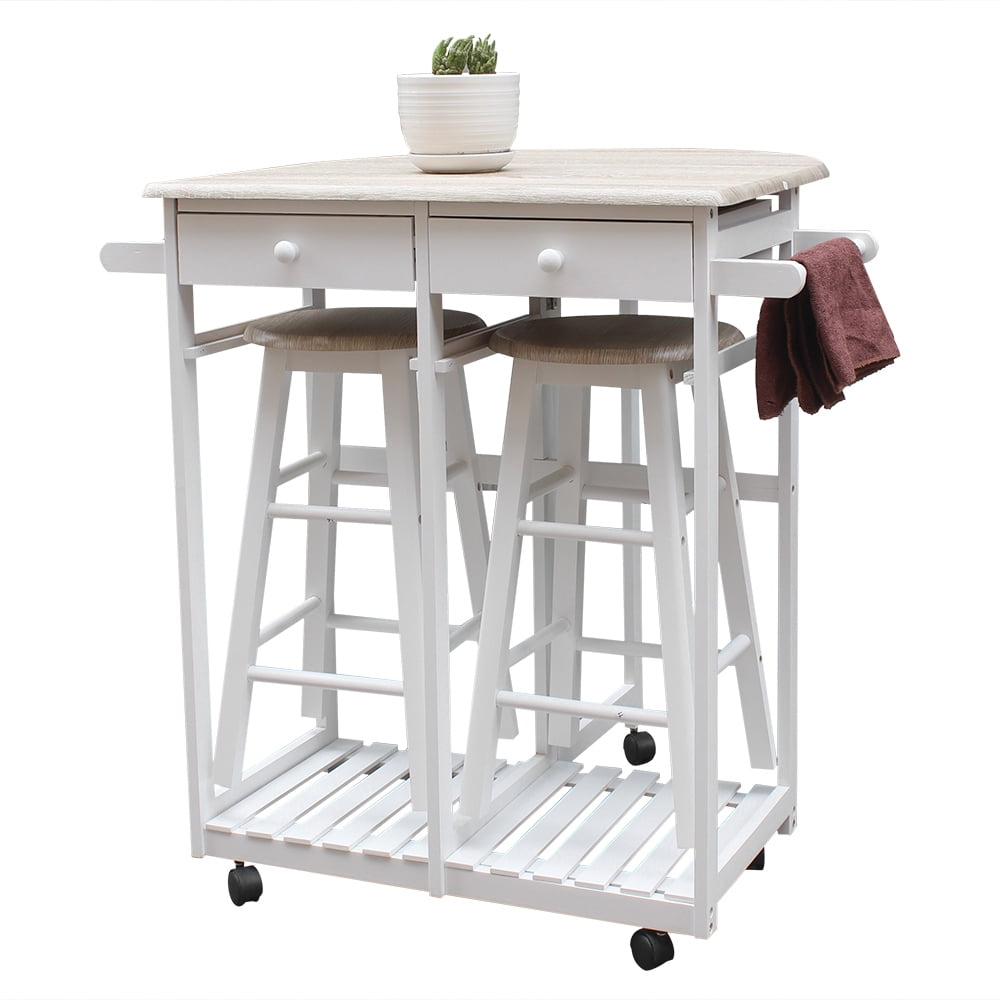 Kepooman Semicircle Folding Dining Cart With Round Stools, Solid Wood Serving Cart, White Kepooman Semicircle Folding Dining Cart With Round Stools, Solid Wood Serving Cart, White