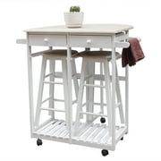 Veryke Kitchen Cart Island w/ 2 Stools, Wooden Dining Storage Serving Cart, White