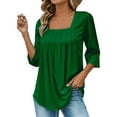 thumbnail image 5 of yunLCZ Casual Tops Everyday Low Price A Vintage Solid Color T Shirt With A Square Neck For Ladies A Casual Pleated Loose And Flowing Three Quarter Sleeve Top Office casual blouse with leggings, 5 of 7
