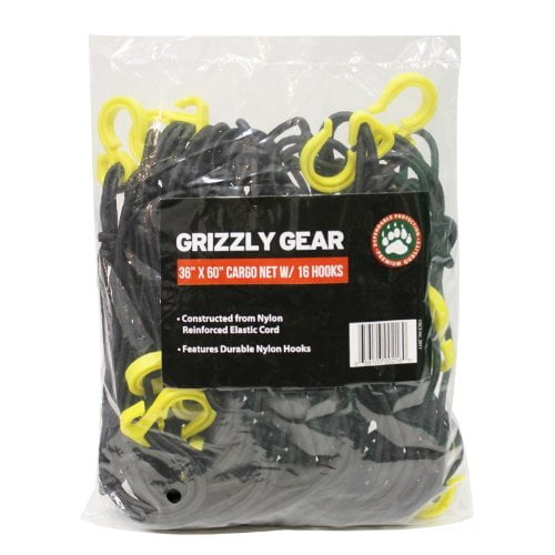 Grizzly Gear Large Cargo net with 16 Durable Nylon Hooks- 36" x 60"- Stretches to 60" x 90"- All Purpose, Weather Proof and Co