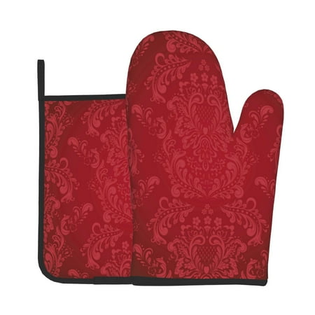 

Zeuib Vintage Burgundy Print Oven Mitt & Pot Holder Set 2-Pack Kitchen Gloves and Hot Pads for Cooking BBQ Grilling Baking