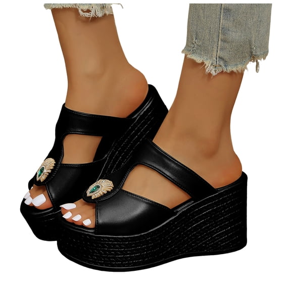Slides Sandals for Women T-Strap Splice Leather Platform Wedges Heels Elegant Rhinestone Summer Dress Shoes Black Size 9.5