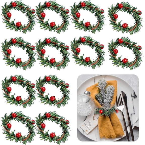 12 Pcs Christmas Napkin Rings Set of 12 Wreath Napkin Rings with Red Berry Christmas Napkin Holder for Winter Christmas Thanksgiving Party Dinner Table Setting Decoration