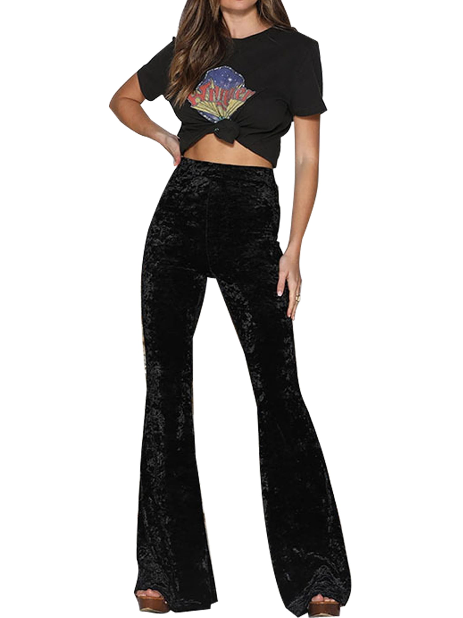 Womens High Waist Crushed Velvet Flare Pants Ladies Casual Bell Bottoms ...