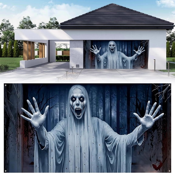 Homesteed Halloween Garage Door Cover White Giant Glowing Backdrop Scary Outdoor Yard Decor Banner